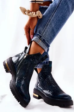 Skórzane Botki Ocieplane Krokodyl Zielone Tanya