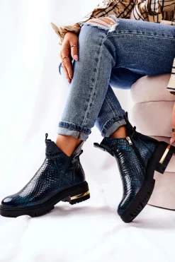 Skórzane Botki Ocieplane Krokodyl Zielone Tanya