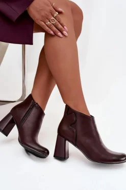 Skórzane Botki Ocieplane Na Słupku Bordowe Ivessara