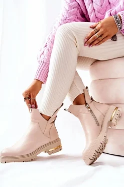 Skórzane Botki Ocieplane Z Wycięciem Beżowe Tanya