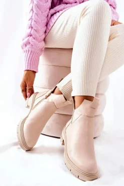 Skórzane Botki Ocieplane Z Wycięciem Beżowe Tanya