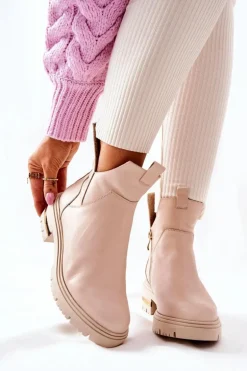 Skórzane Botki Ocieplane Z Wycięciem Beżowe Tanya
