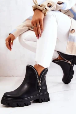 Skórzane Botki Ozdobne Suwaki Czarne Deborah