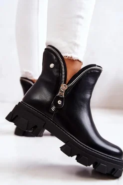 Skórzane Botki Ozdobne Suwaki Czarne Deborah