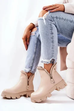 Skórzane Botki Ozdobne Suwaki Beżowe Deborah