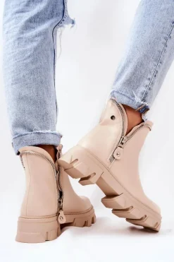 Skórzane Botki Ozdobne Suwaki Beżowe Deborah