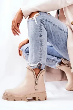 Skórzane Botki Ozdobne Suwaki Beżowe Deborah