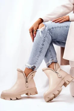 Skórzane Botki Ozdobne Suwaki Beżowe Deborah