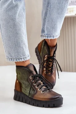 Skórzane Botki Platformie I Koturnie Maciejka 06702-09 Zielono-Złote