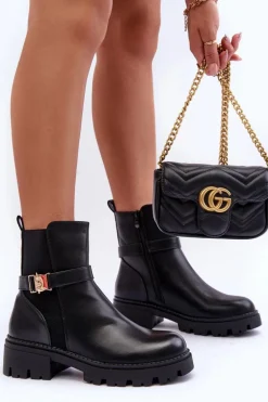 Skórzane Botki Sztyblety Damskie Czarne Elspetia