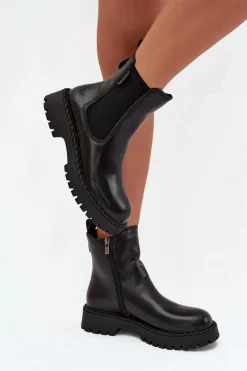 Skórzane Botki Sztyblety Damskie Ocieplane Na Zamek Big Star OO274109 Czarne