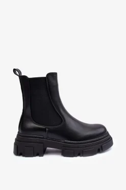 Skórzane Botki Sztyblety Na Płaskim Obcasie i Platformie Czarne Solita