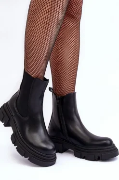 Skórzane Botki Sztyblety Na Płaskim Obcasie i Platformie Czarne Solita