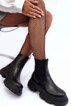 Skórzane Botki Sztyblety Na Płaskim Obcasie i Platformie Czarne Solita