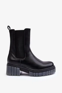 Skórzane Botki Sztyblety Na Grubej Podeszwie Czarne Apetrius