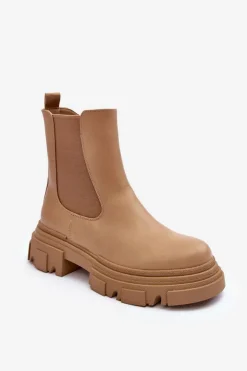 Skórzane Botki Sztyblety Na Płaskim Obcasie i Platformie Beżowe Solita