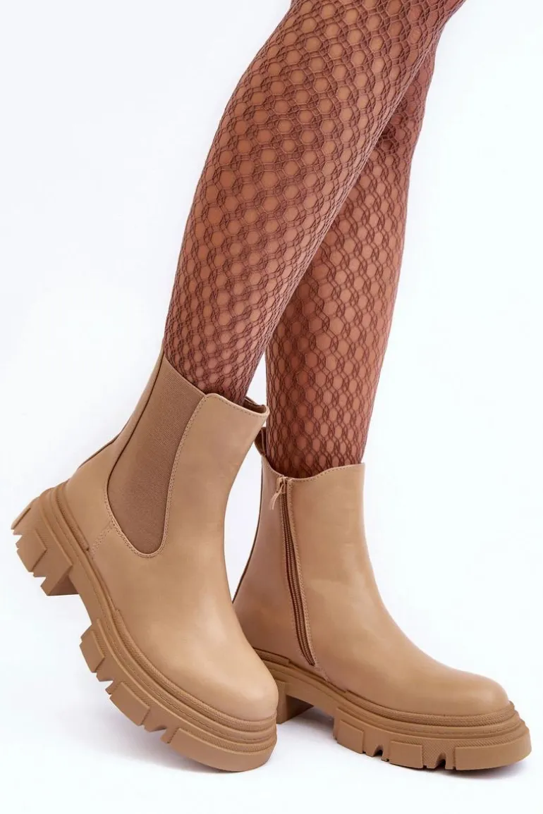 Skórzane Botki Sztyblety Na Płaskim Obcasie i Platformie Beżowe Solita