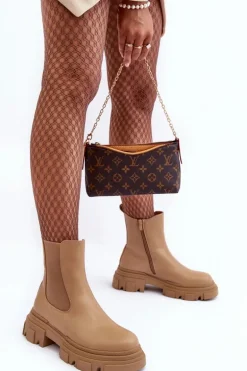 Skórzane Botki Sztyblety Na Płaskim Obcasie i Platformie Beżowe Solita