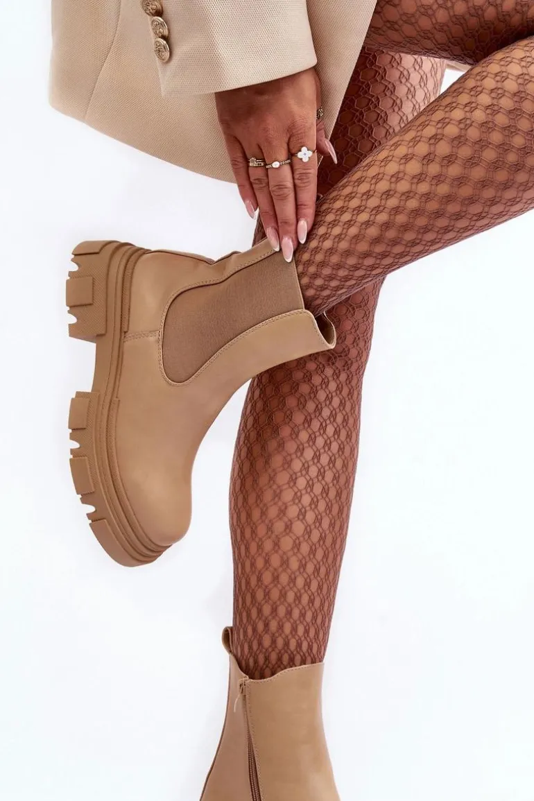 Skórzane Botki Sztyblety Na Płaskim Obcasie i Platformie Beżowe Solita