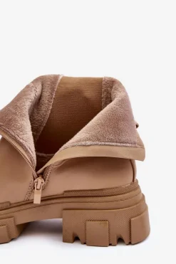 Skórzane Botki Sztyblety Na Płaskim Obcasie i Platformie Beżowe Solita