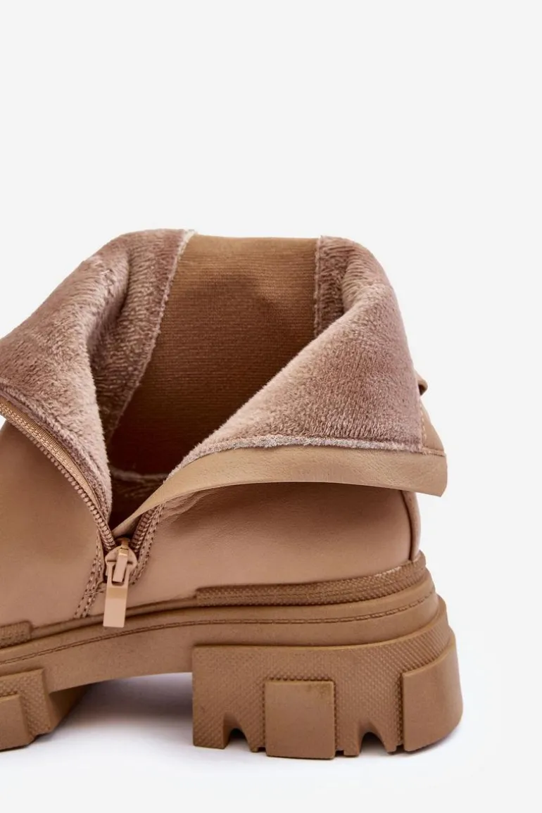 Skórzane Botki Sztyblety Na Płaskim Obcasie i Platformie Beżowe Solita