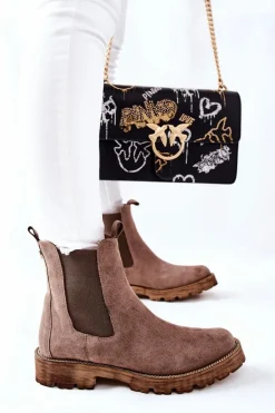 Skórzane Botki Sztyblety Nicole Brązowe Brace