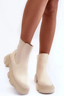 Skórzane Botki Sztyblety Na Płaskim Obcasie i Platformie Jasnobeżowe Solita