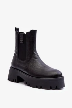 Skórzane Botki Sztyblety Na Masywnej Platformie Czarne Lemar Lisencca