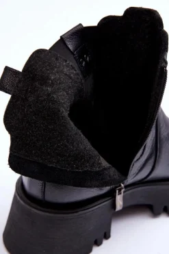 Skórzane Botki Sztyblety Na Masywnej Platformie Czarne Lemar Lisencca