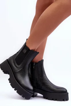 Skórzane Botki Sztyblety Na Masywnej Platformie Czarne Lemar Lisencca