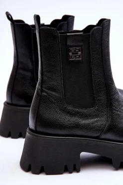 Skórzane Botki Sztyblety Na Masywnej Platformie Czarne Lemar Lisencca