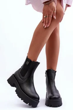 Skórzane Botki Sztyblety Na Masywnej Platformie Czarne Lemar Lisencca