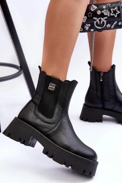 Skórzane Botki Sztyblety Na Masywnej Platformie Czarne Lemar Lisencca