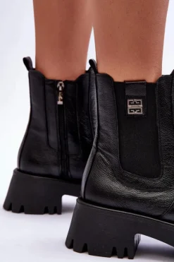 Skórzane Botki Sztyblety Na Masywnej Platformie Czarne Lemar Lisencca