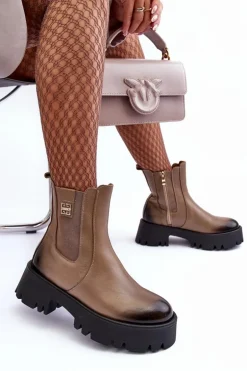 Skórzane Botki Sztyblety Na Masywnej Platformie Beżowe Lemar Lisencca