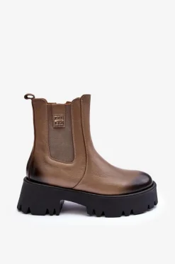 Skórzane Botki Sztyblety Na Masywnej Platformie Beżowe Lemar Lisencca