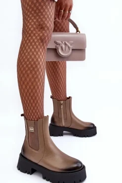 Skórzane Botki Sztyblety Na Masywnej Platformie Beżowe Lemar Lisencca