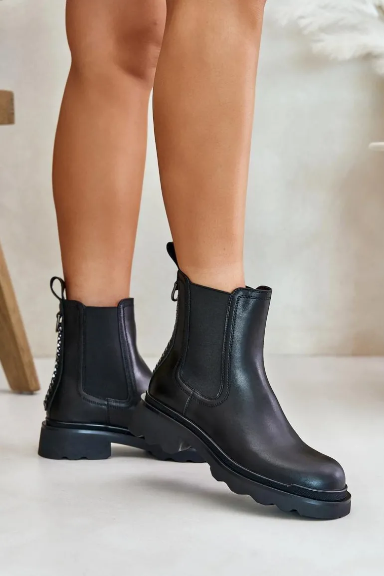 Skórzane Botki Sztyblety Z Ozdobnym Łańcuchem Ocieplane D&A JC42-86 Czarne