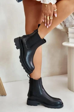 Skórzane Botki Sztyblety Z Ozdobnym Łańcuchem Ocieplane D&A JC42-86 Czarne