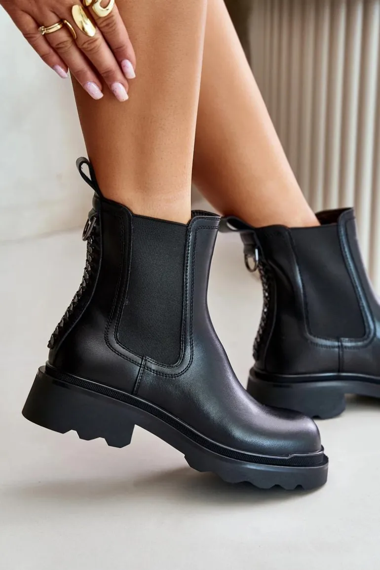 Skórzane Botki Sztyblety Z Ozdobnym Łańcuchem Ocieplane D&A JC42-86 Czarne