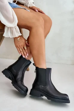 Skórzane Botki Sztyblety Z Ozdobnym Łańcuchem Ocieplane D&A JC42-86 Czarne