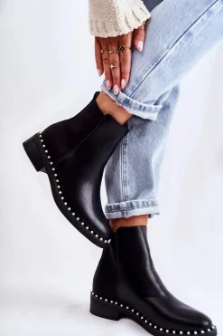 Skórzane Botki Sztyblety Z Perełkami Czarne Jilanna