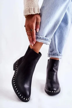 Skórzane Botki Sztyblety Z Perełkami Czarne Jilanna