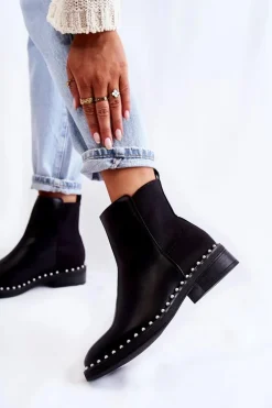 Skórzane Botki Sztyblety Z Perełkami Czarne Jilanna