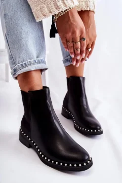 Skórzane Botki Sztyblety Z Perełkami Czarne Jilanna