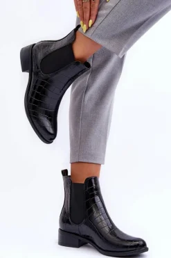 Skórzane Botki Sztyblety Zwierzęcy Wzór Czarne Daina