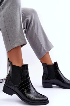 Skórzane Botki Sztyblety Zwierzęcy Wzór Czarne Daina