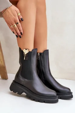 Skórzane Botki Sztyblety z Ozdobą CheBello 4537 Czarne