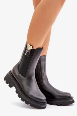 Skórzane Botki Sztyblety z Ozdobą CheBello 4537 Czarne