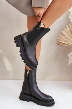 Skórzane Botki Sztyblety z Ozdobą CheBello 4537 Czarne